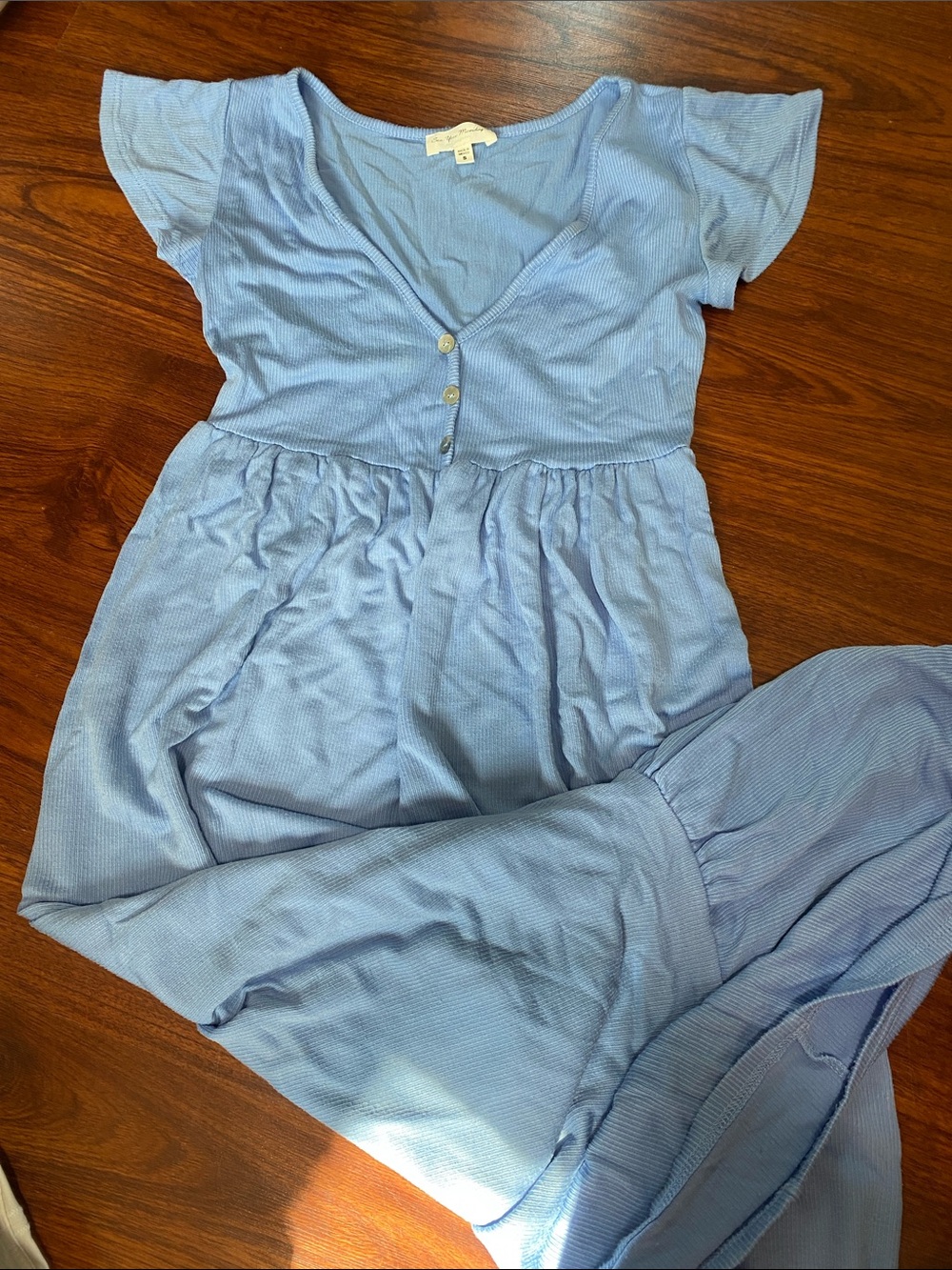 Light Blue Ribbed V-Neck Button-Front Maxi Dress